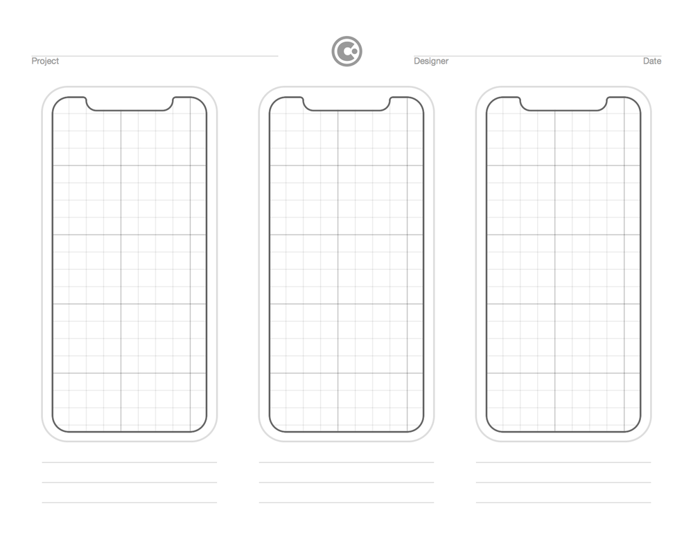 A landscape print out with a header containing a generic company logo and space for the project and designer name along with the date. The majority of the page is three large iPhone X mockups with a lined grid in the screen area. Below each mockup are three lines for adding notes.