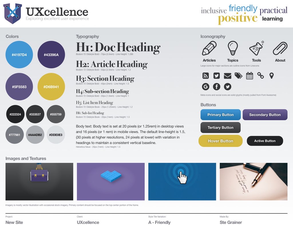 A style tile in landscape orientation for display on screens. It contains a logo, color swatches, typography samples, adjectives to describe the style, sample elements, and examples of graphics and icons. At the bottom is a footer containing the project name, client name, designer name, and variation name.
