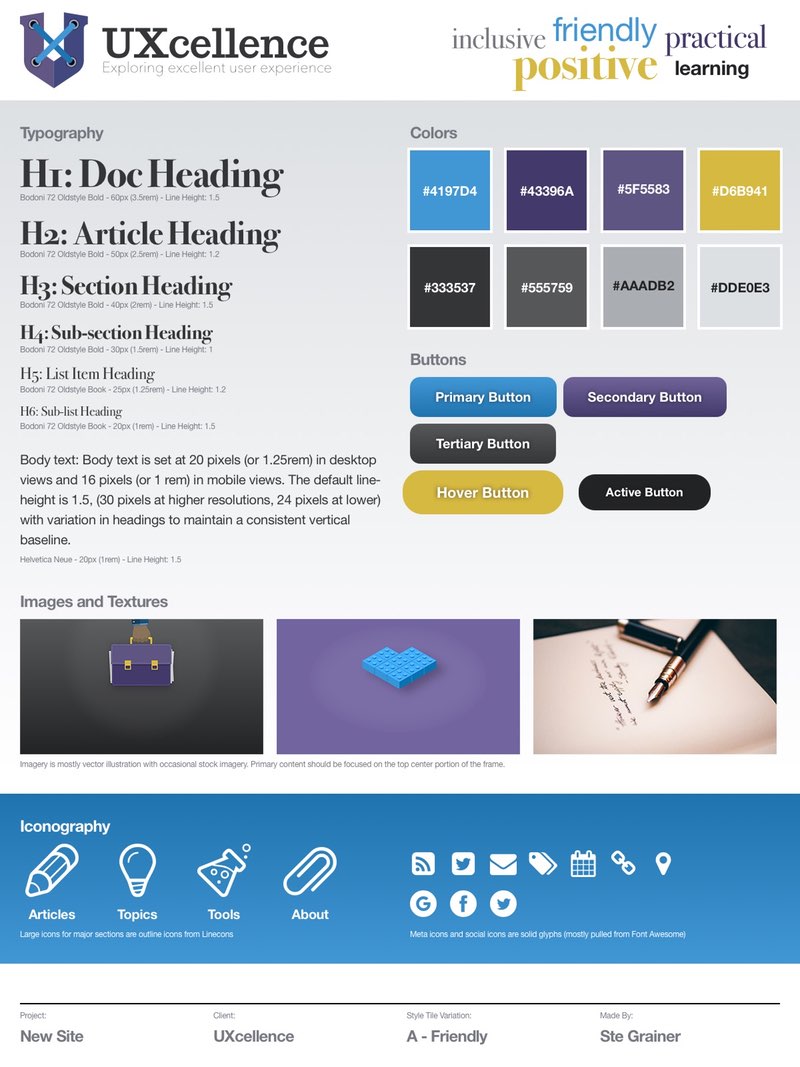 A style tile in portrait orientation for print. It contains a logo, color swatches, typography samples, adjectives to describe the style, sample elements, and examples of graphics and icons. At the bottom is a footer containing the project name, client name, designer name, and variation name.